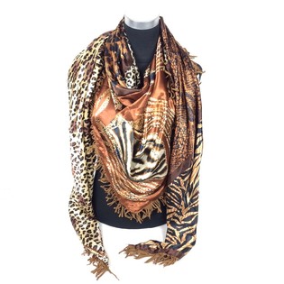 Sciarpa triangolare di lusso reversibile Tigre / Marrone con frange (1 pz)