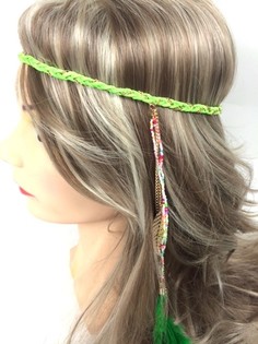 Fascia intrecciata stile Ibiza con piume - Verde (1 pz)