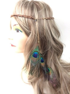 Fascia per Capelli Trecciata Marrone con Piume di Pavone | Stile Ibiza Boho (1 pz)