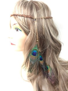 Fascia per Capelli Intrecciata Nera con Piume di Pavone (1 pz)