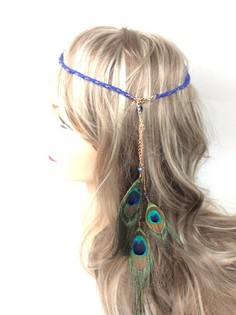 Fascia per capelli intrecciata stile Ibiza blu con piume di pavone (1 pz)