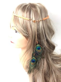 Fascia per Capelli Intrecciata Arancione/Salmone con Piume di Pavone (1 pz)