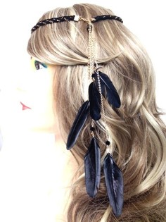 Fascia per capelli intrecciata con piume nera (1 pz)
