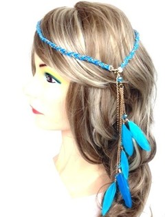 Fascia intrecciata stile Ibiza con piume Turchese (1 pz)
