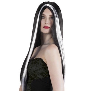 Parrucca Lunga Nera con Meches Bianche (1 pz)